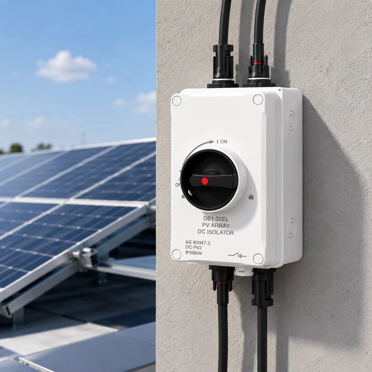 Outdoor Power Disconnect - 32A PVアレイ用DCアイソレータースイッチ、IP66防水、プラスチック製、屋外用、太陽光発電システム用安全遮断ボックス。