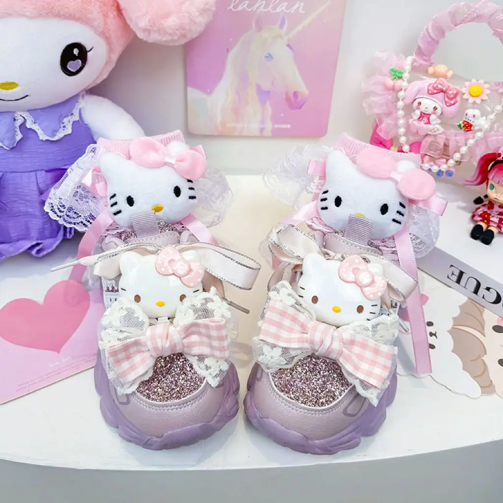 

Kawaii Hello Kitty Sanrio студенческие милые удобные кроссовки для девочек с героями мультфильмов, детские противоскользящие кроссовки, повседневная обувь на плоской подошве