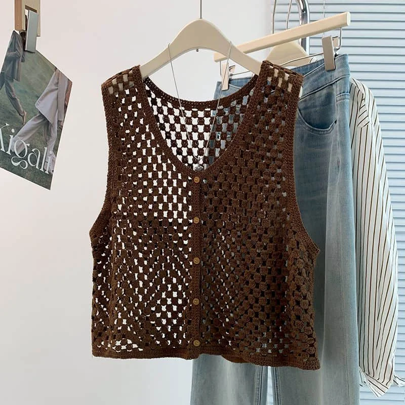 Vests for Women Solid Chic Gothic V-neck Sunscreen Crop Tops Casual Korean Style Crochet Smock Sleeveless 2026 Summer Clothing
