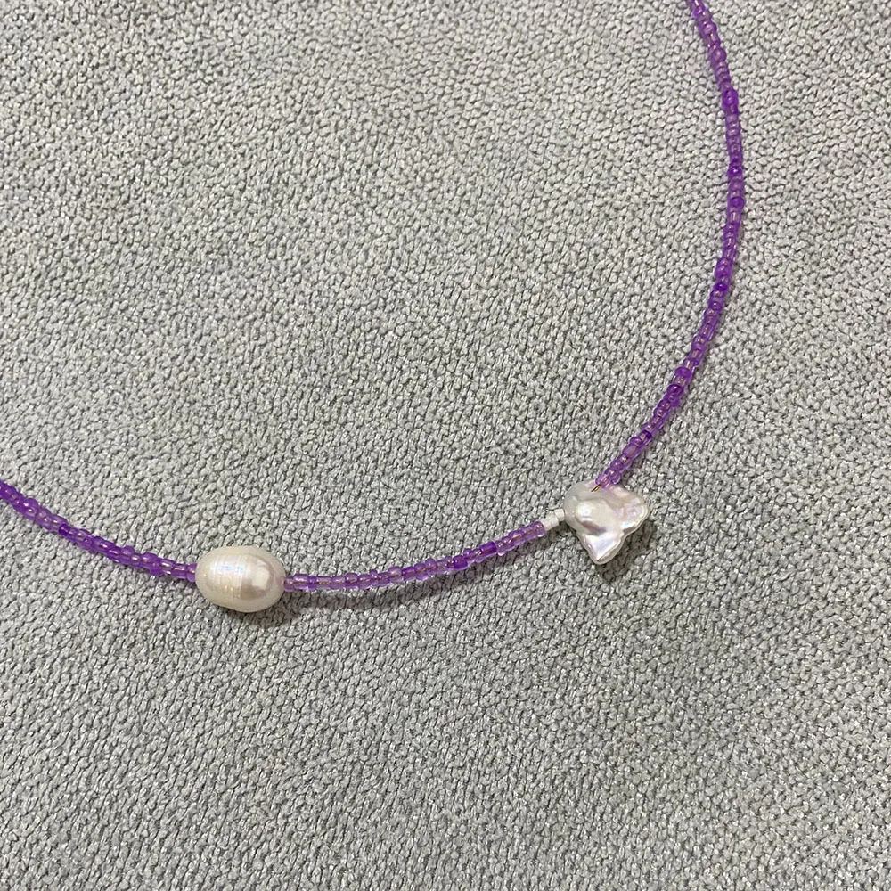 Collier Ras du Cou en Perles de Riz en Clip Violet pour Femme, Polyvalent, Naturel, d'Eau Douce, à la Mode