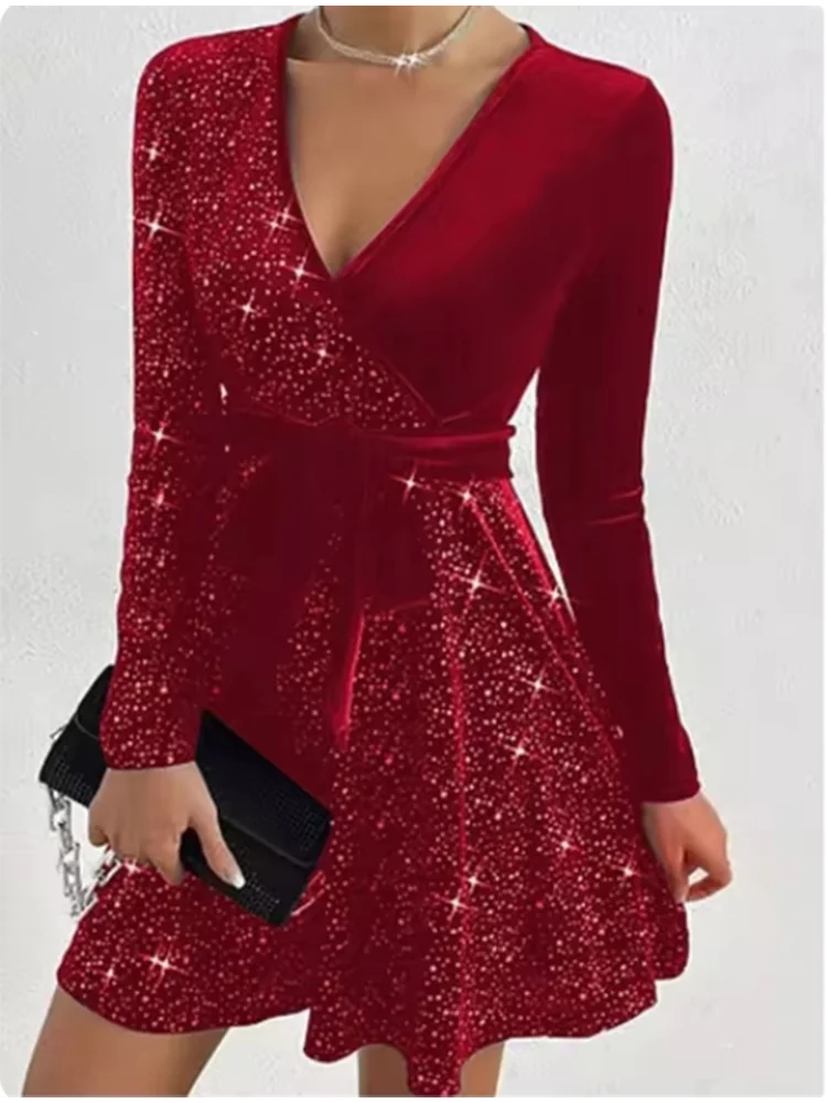 Sequin Long Sleeve Deep V Dress Women's Velvet Bodycon Mini Party Clubwear Evening Cocktail Gown