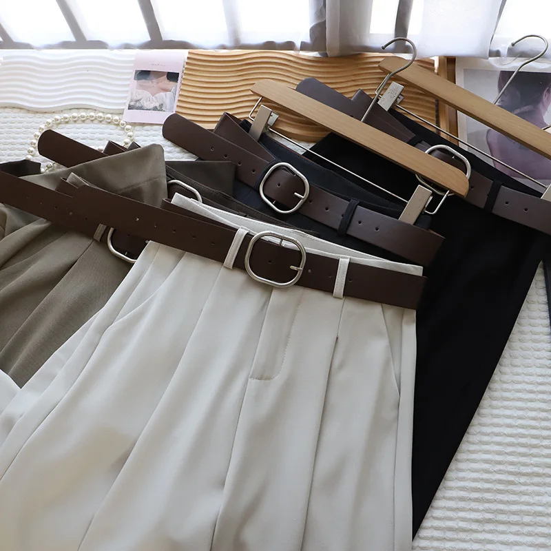 

Женские брюки с высокой талией и широкими штанинами, весенняя новинка, свободные, с поясом, прямого кроя, утягивающие, укороченные (длиной 7/8) для невысоких женщин