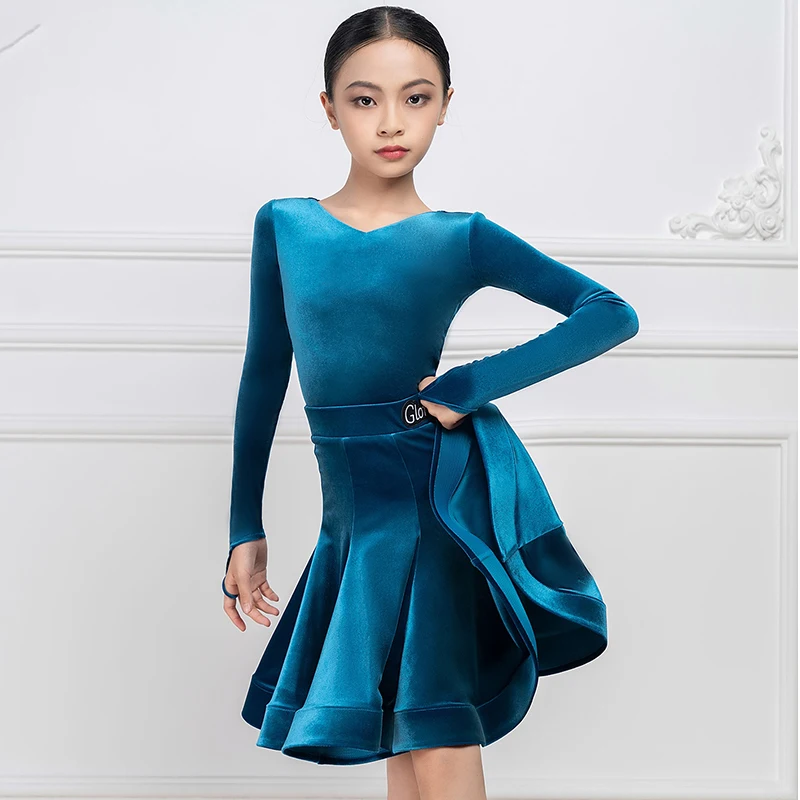 

Latin Competition Dress Girls Velvet Blue Latin Dance Set Cha Cha Rumba Dancing Stage Wear Dancer Performance Clothes Black 2432