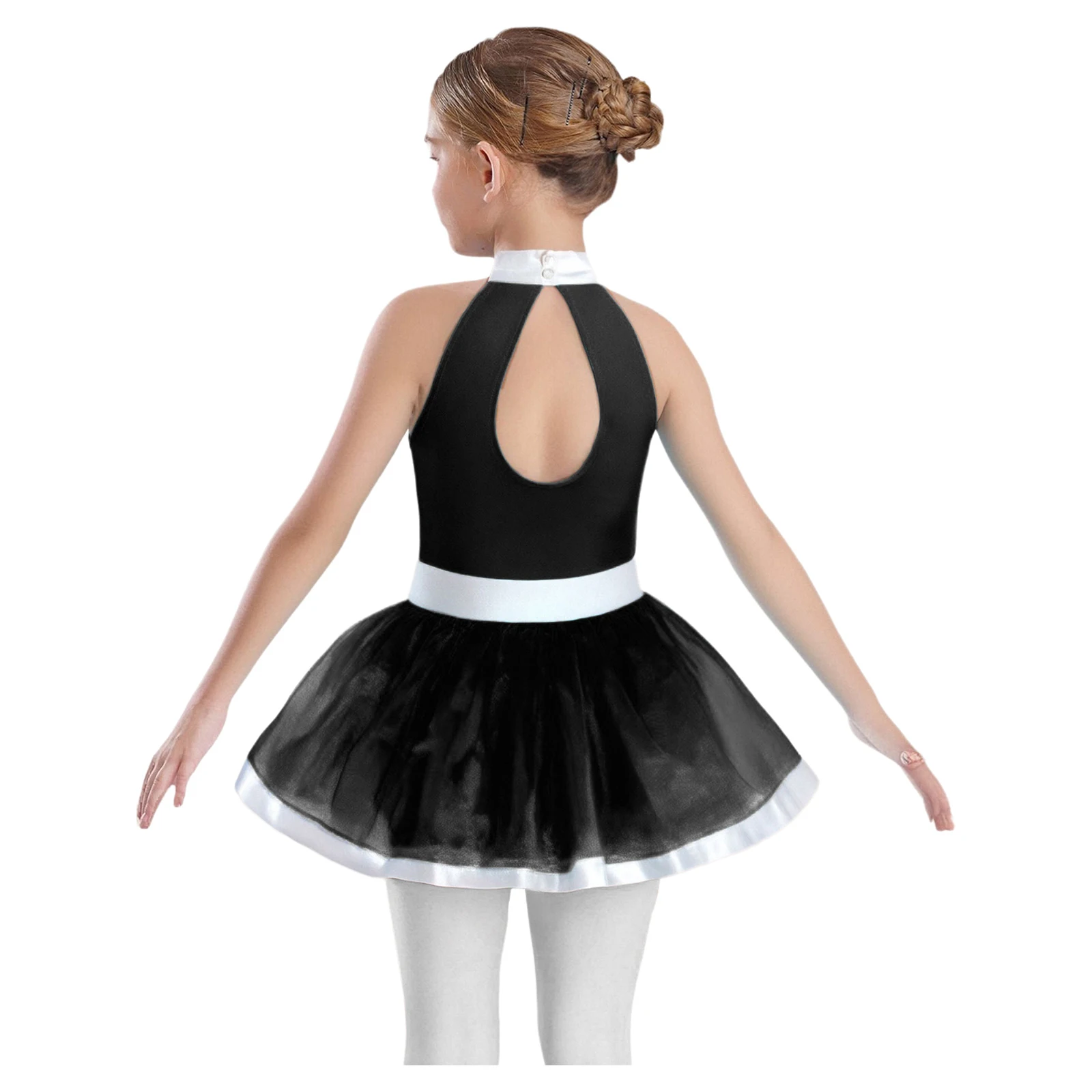 Kids Girls Ballet Dance Dresses Shiny Sequins Tutu Dress Layered Tulle Sleeveless Cutout Back Dress with Built-in Briefs