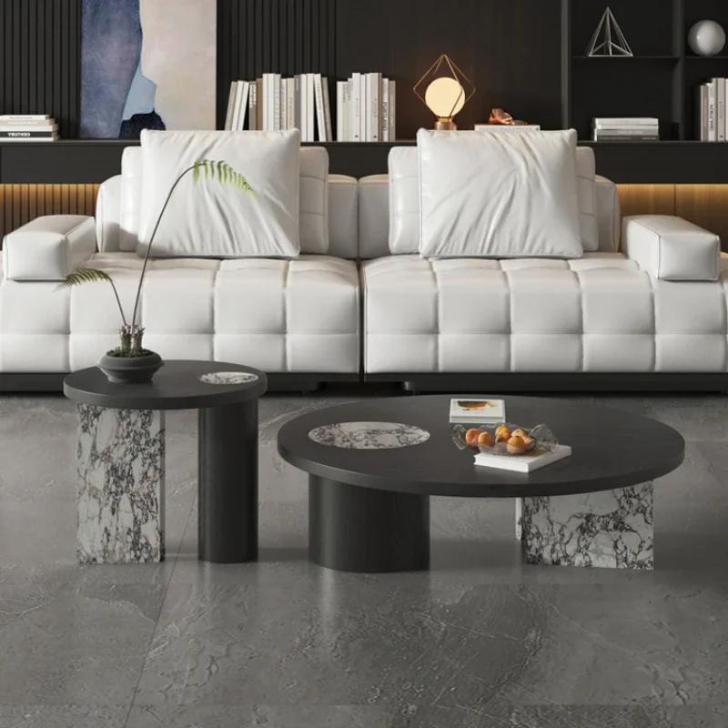 

Italian minimalist coffee table rock slab light luxury modern size round high and low combination coffee table