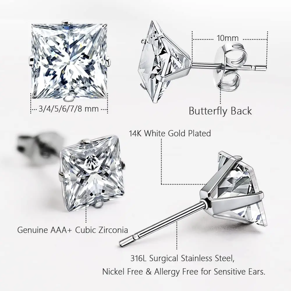 316L Hypoallergenic Stainless Steel 14K White Gold Plated Square Cubic Zirconia Stud Earrings Set for Men Women Pack of 6 Pairs