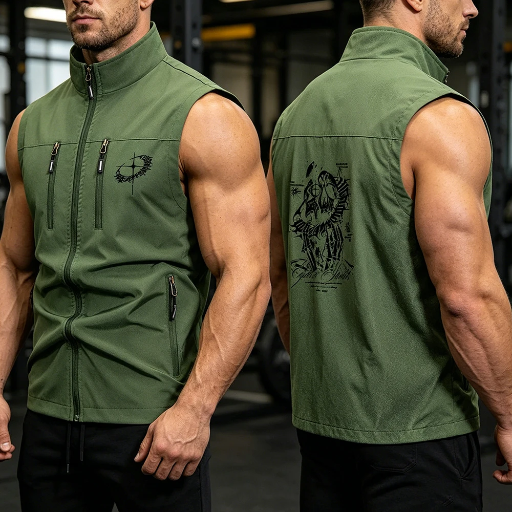 

Men's Sleeveless Tactical Vest Jacket Gothic Skull Print Outdoor Casual Utility Streetwear Multi-Zipper Pocket Waistcoat