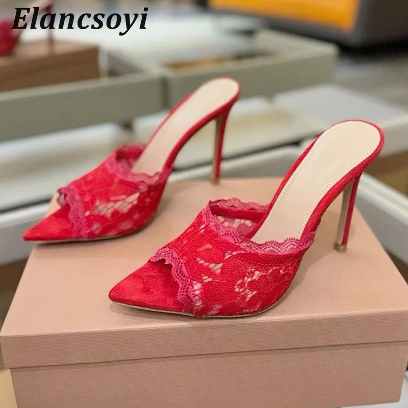 High Heels Slippers Women's Pumps Lace Embroidery Pointed Toe Thin Heels Lazy Sandals Summer Sexy Party Banquet Stiletto 2025