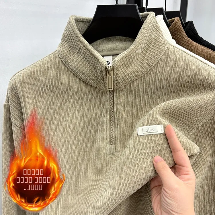 

Мужской свитер на молнии с высоким воротником, на флисовой подкладке, утепленный, из смесового полиэстера и спандекса, теплый трикотаж для зимы