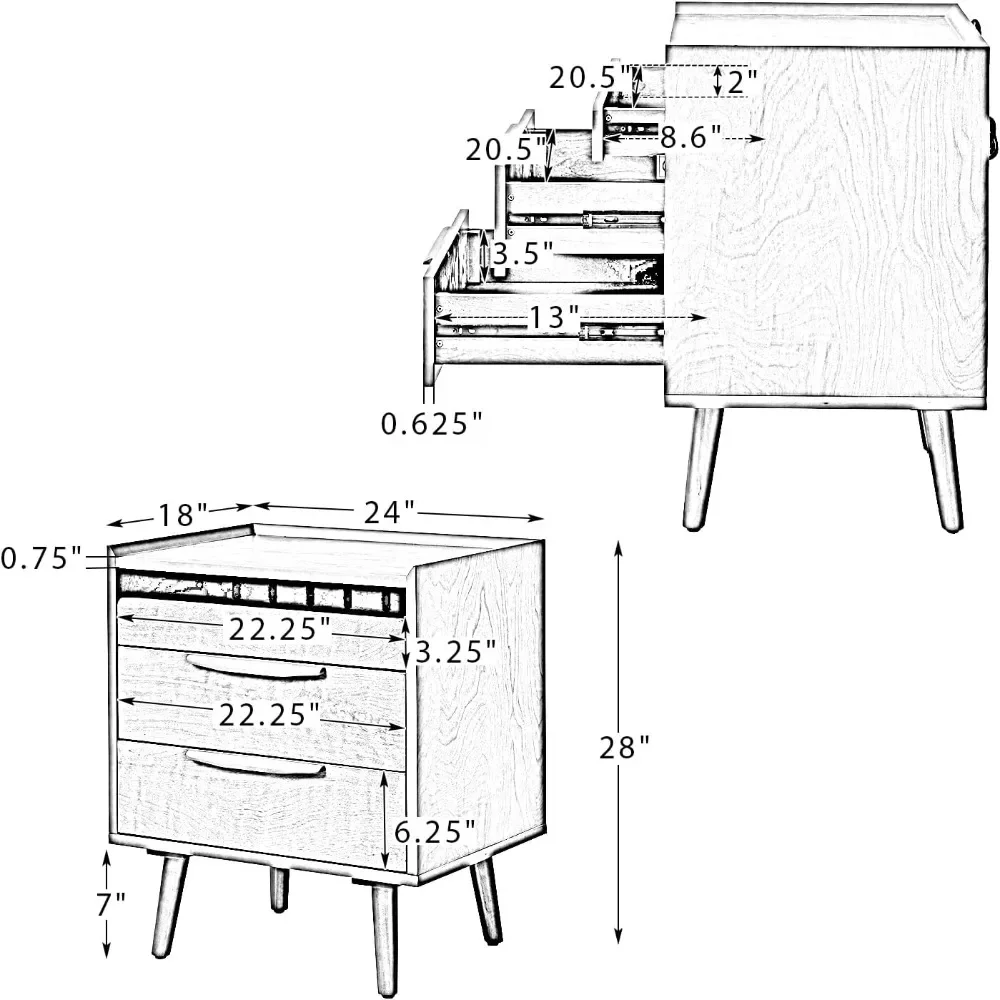 2 Drawer Nightstand with Charging Station,Mid-Century Modern Bedside Tables with Wood Legs,Wood Night Stand with Pull-Out Shelf