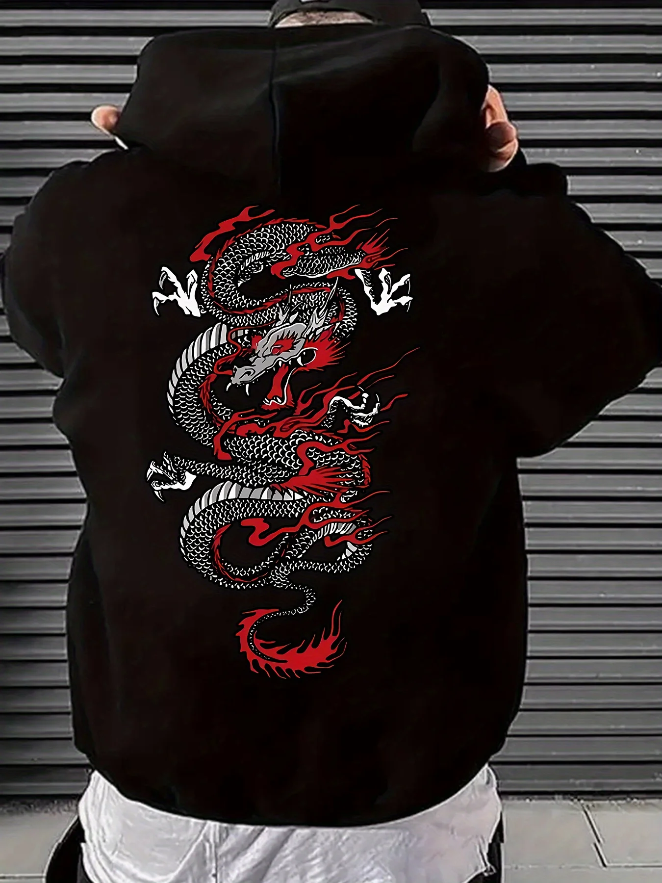 

Machine Washable Men's Casual Hoodie with Geometric Dragon Print, Pockets - Perfect for Spring, Fall & Outdoor Activities