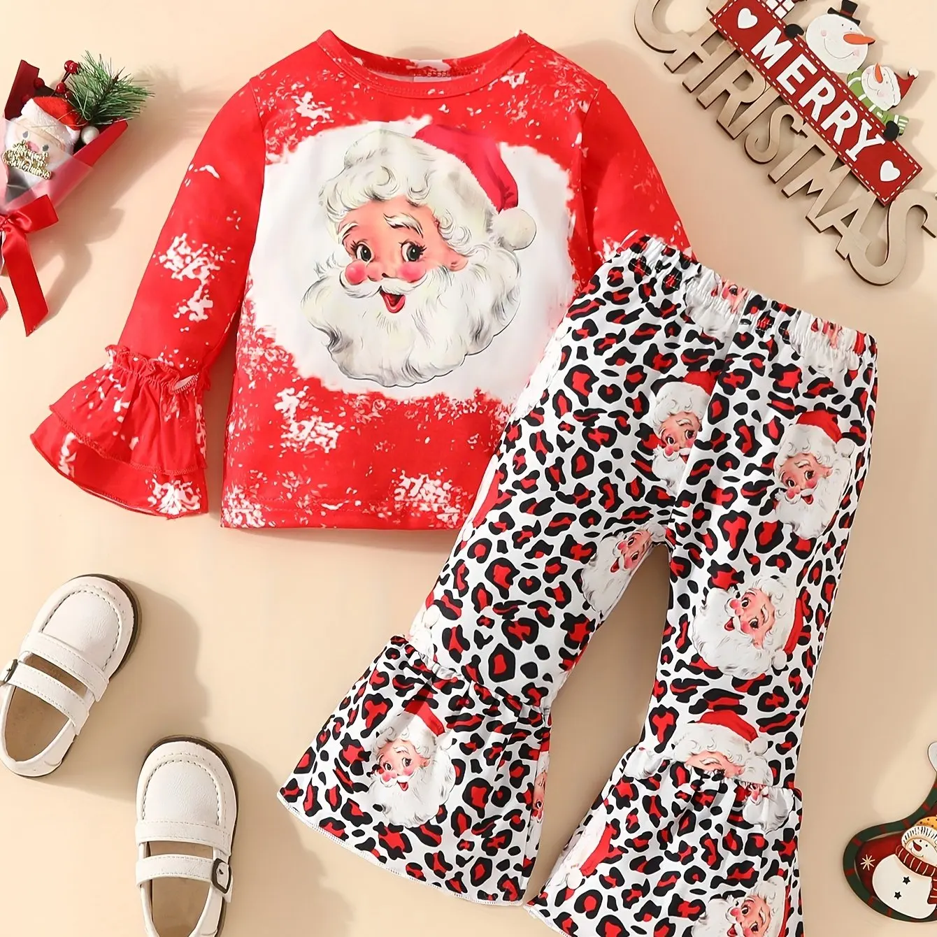 Baby niedlichen Santa Claus Kopf Langarm Top niedlichen Allover Print Hosen, Kinder Weihnachten Pary Freizeit kleidung