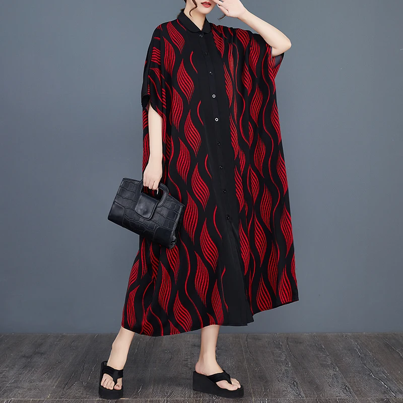 SuperAen Nieuwe 2023 Zomer Loszittende Oversize Mode Bedrukt Shirt Patchwork Single Breasted A-lijn Lange Jurken