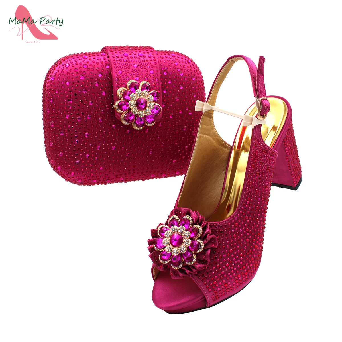 2024 High Quality New Arrivals Italian Design Shoes and Bag Set in Magenta Color Decorate with Rhinestone for Wedding