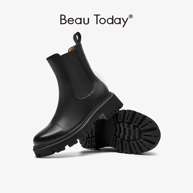 BeauToday kostki Chelsea Boots dla kobiet buty z zaokrąglonym czubkiem z gruba podeszwa oryginalna skóra bydlęca dla pań babie lato B02379