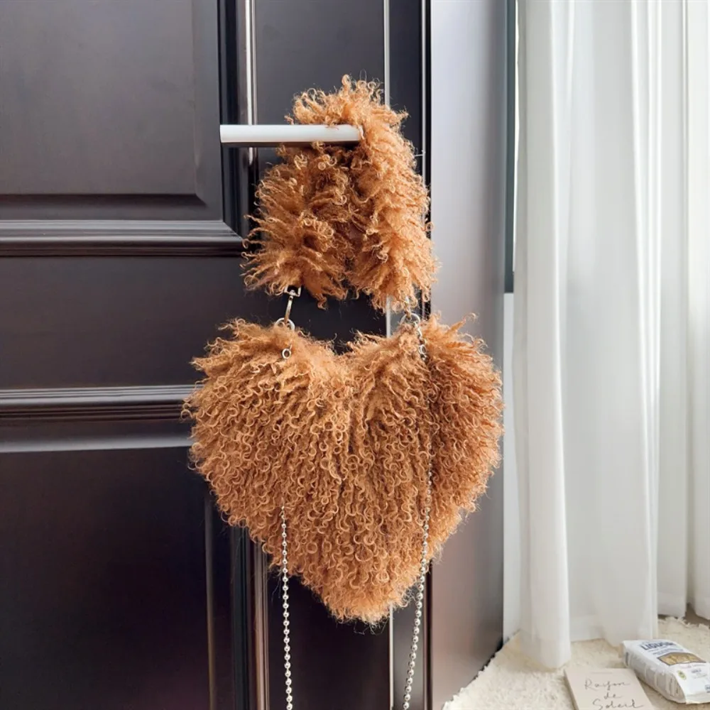 Women's Plush Heart-shaped Crossbody Tote Bags Sweet Love Faux Fur Female Underarm Shoulder Bag Soft Fluffy Handbags Woman Girls