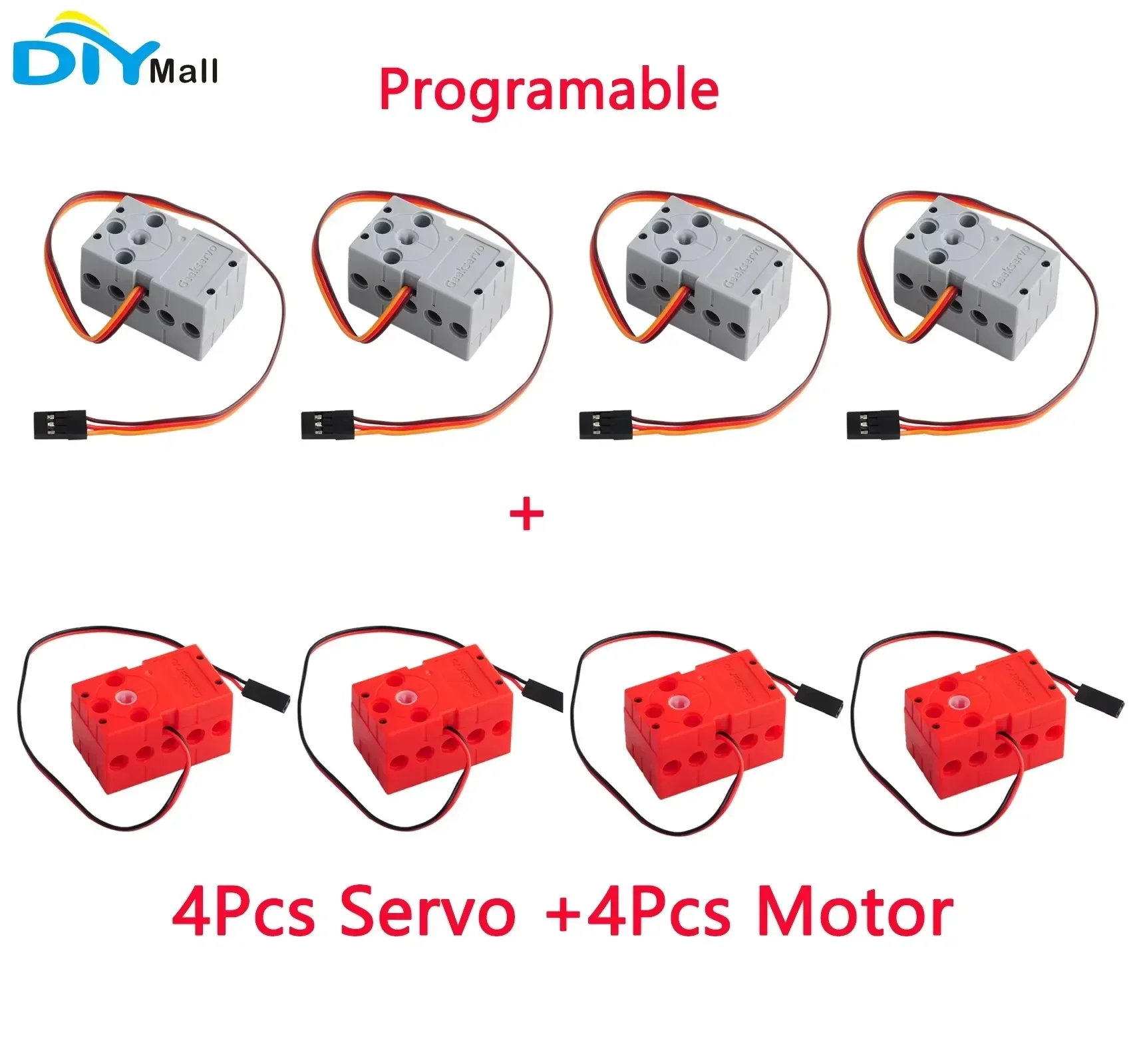 4Pcs Geekservo Programmable 360 Degree 2KG Grey Servo and 4Pcs Red Motor , Dual Output Shaft Servo Compatible with