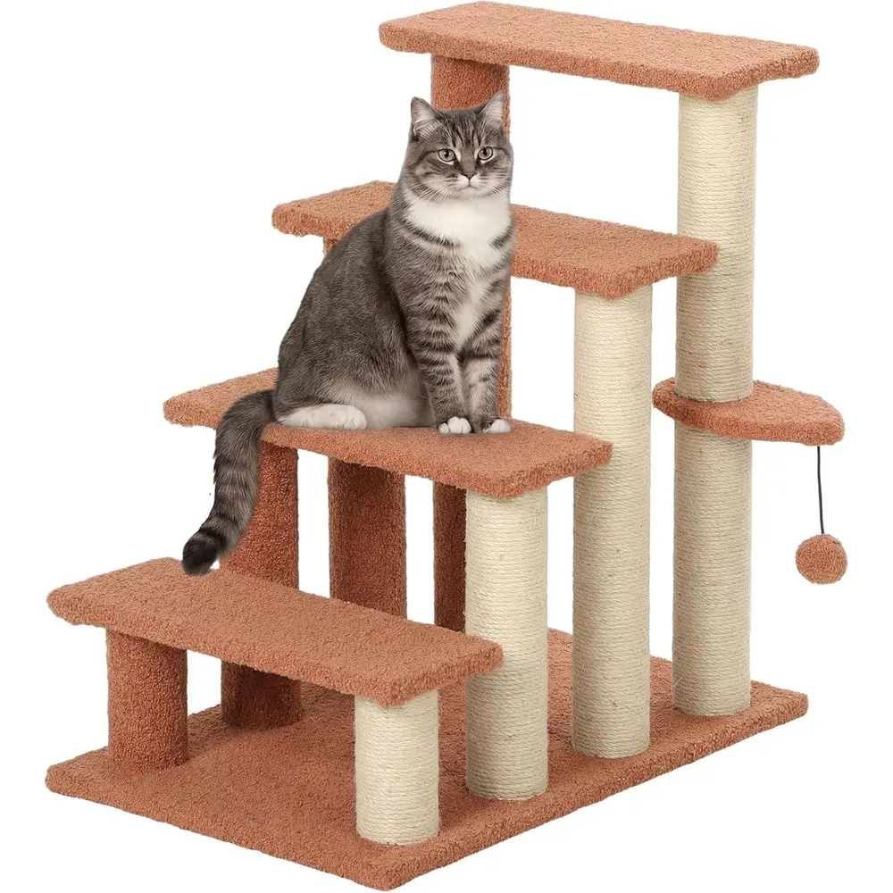 

Carpet-Covered Cat Stairs with Scratching Posts, Play Ball, and Side Steps - Brown