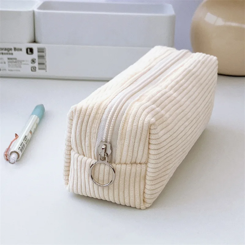 Solid Color Corduroy Pencil Case Student Art Minimalist Stationery  Pouch Zipper Coin Purse Women Makeup Bag Travel Organizer