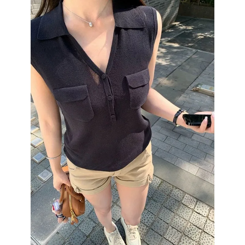 

Women's Sleeveless V Neck Knit Polo Top Elegant Casual Office Wear Blouse