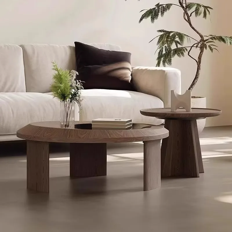 Mid-century modern style nested coffee table set wood sun pattern veneer stone surface locker eco-friendly apartment furniture