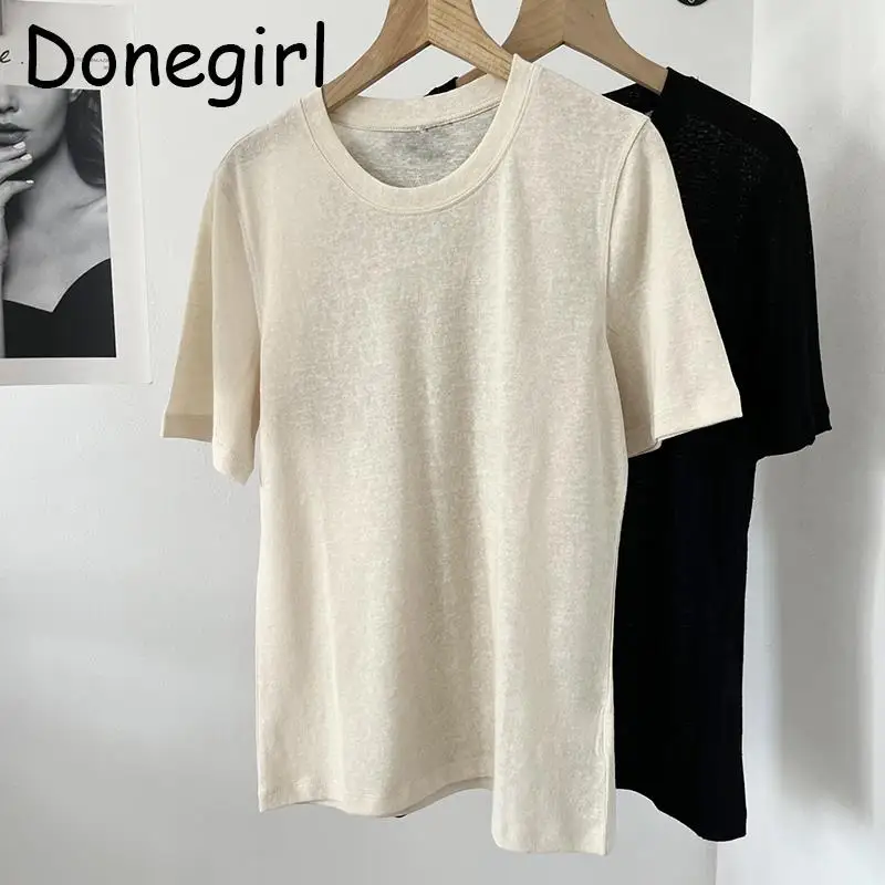 

Donegirl New Women 2023 Comfort Linen Thin Round Neck Short Sleeve T-shirt Loose Solid Simplicity Basic Tops Female Chic Fashion