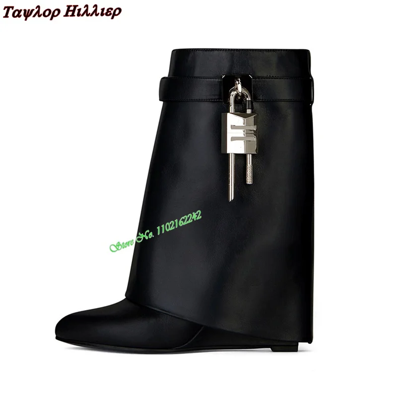 2023 Autumn Winter Lock Wedge Boots Genuine Leather Fashion Party Round Head Shark Buckle Slip-On Luxury Short Boots For Women