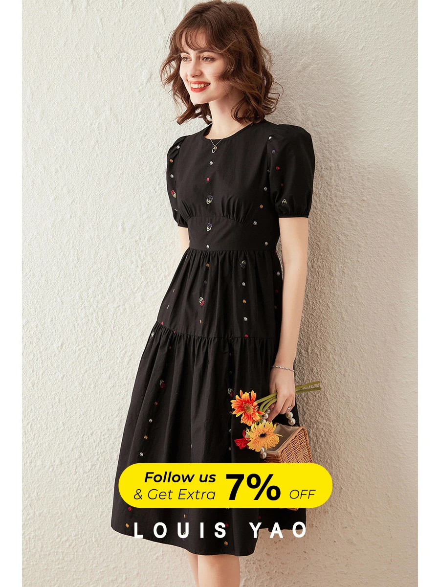 

LOUIS YAO Women Dress 2024 Summer New Colorful Embroidery Round Neck Short Sleeve Puff Sleeve Waist Knee-lenght Black Dress