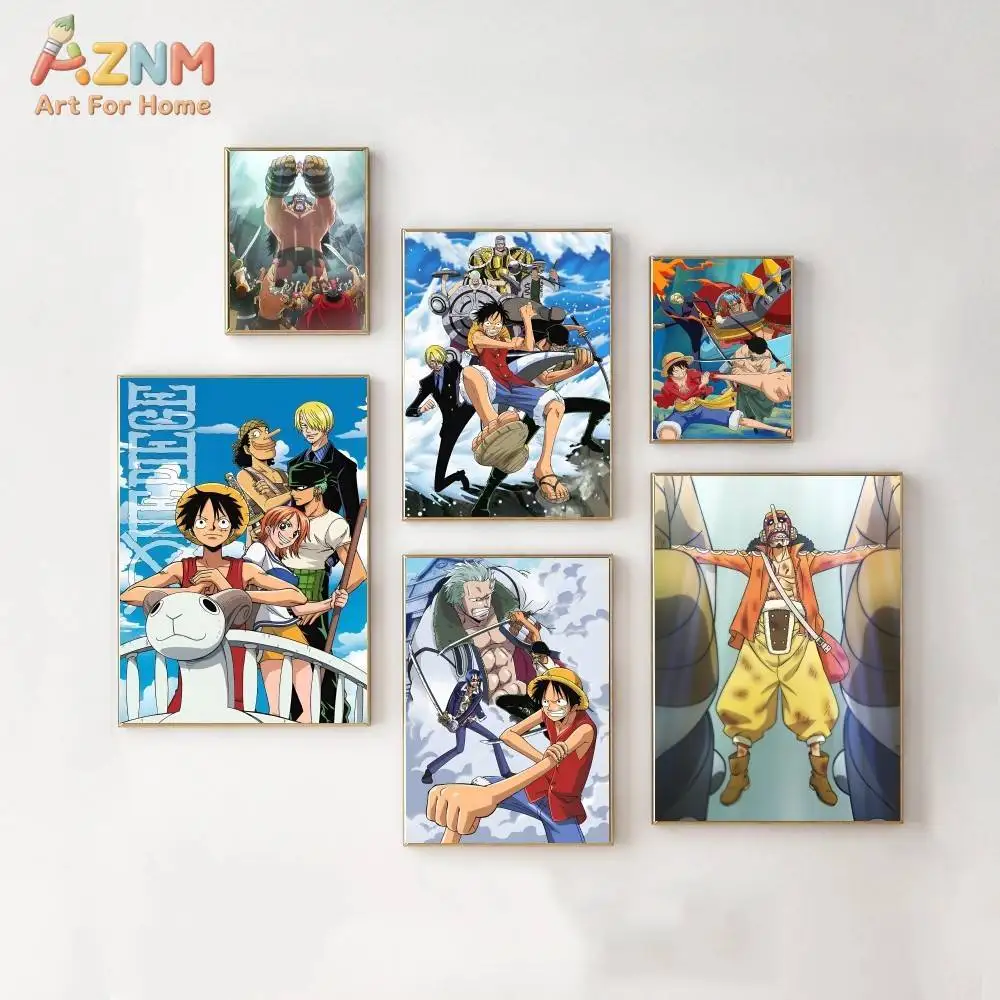 AZNM One Piece Straw Hat Pirates Classic Anime Scene Canvas Wall Art Crew Group Character Print Unframed Canvas Painting For Liv