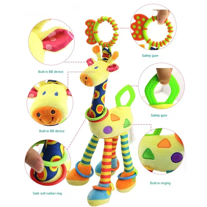 Soft Giraffe Zebra Animal Handbells Rattles Plush Infant Baby Development Handle Toys WIth Teether Baby Toy For Newborn Gifts