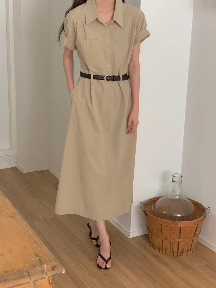 夏の新作レディースワンピース ヴィンテージカラー ダブルポケット バック スリット入り エラスティックハイウエスト Aライン ロングワンピース 韓国風 通勤