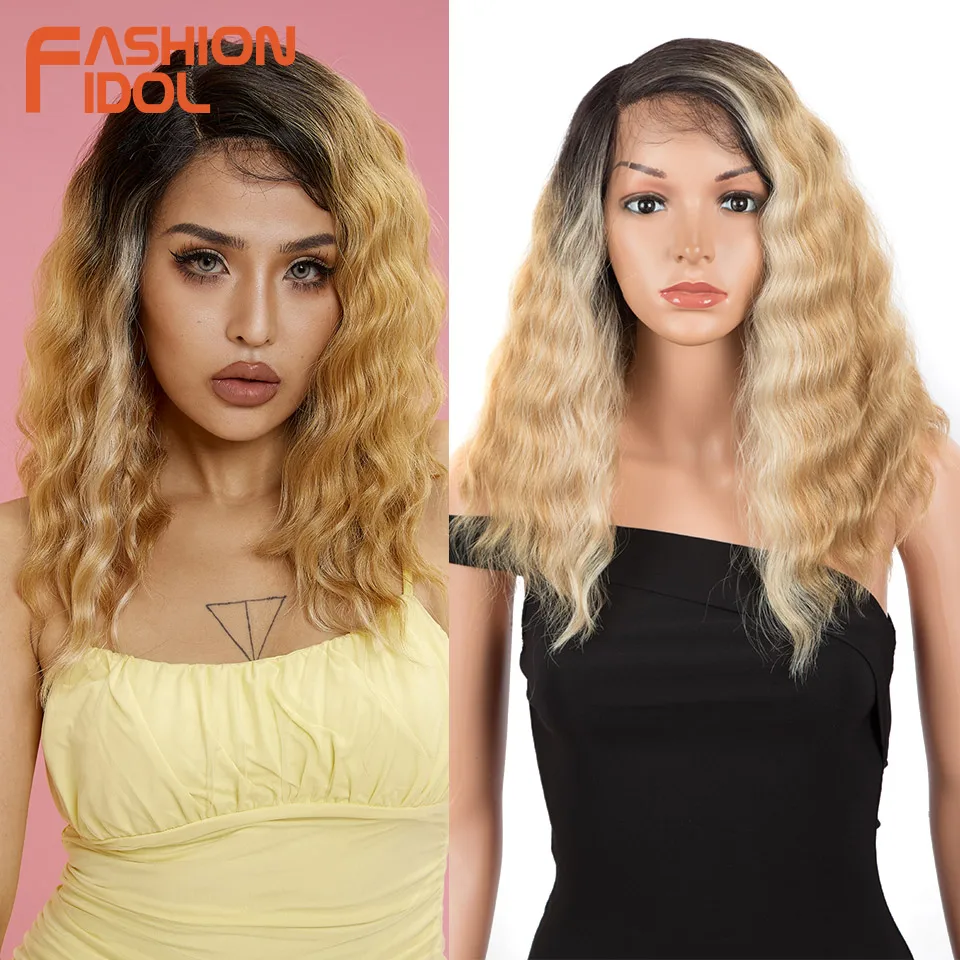 FASHION IDOL Side Part Lace Wig Synthetic Baby Hair Short Bob Curly Ombre Blonde Wigs For Black Women Cosplay Wig Heat Resistant