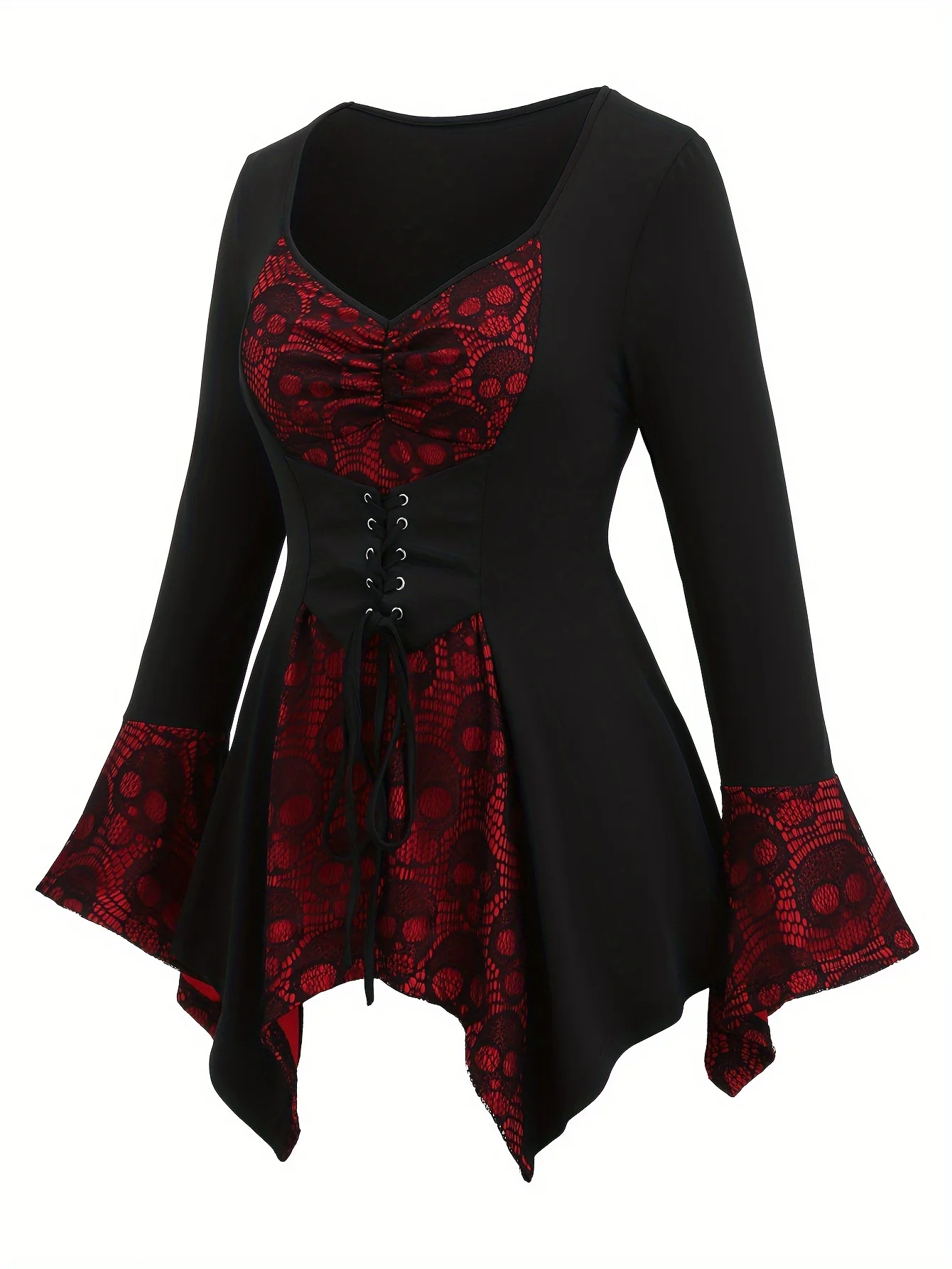 European and American fashion women's Halloween selection Gothic flared sleeves skull lace patchwork irregular T-shirt plus-s