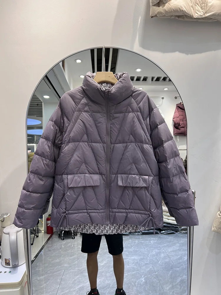 冬軽量ダウンジャケット無地ファッションカジュアルルーズエレガントな女性スタンドカラーホワイトダックパファーコートアウター