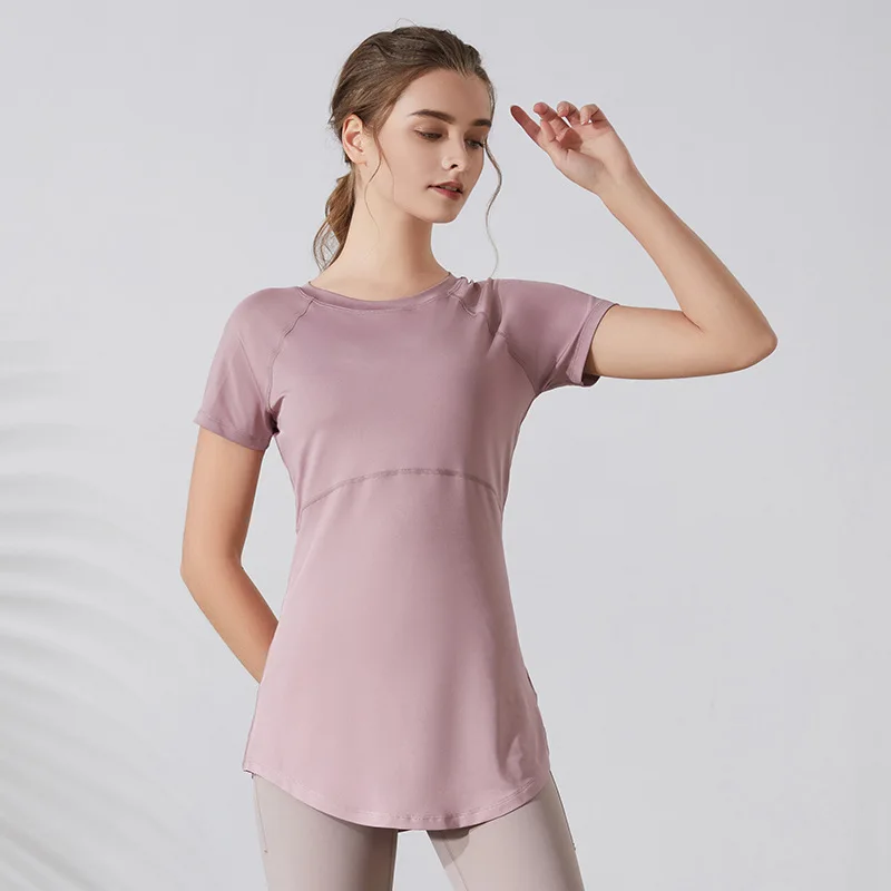 Women Yoga Shirts Short Sleeves Sport T-Shirts Breathable Slim Running Shirt Quick Dry Gym Fitness Tops Cover Hips Blouse Female