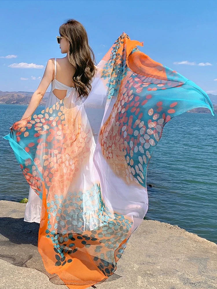 Summer Chiffon Hijab Elegant Women Silk Scarf Vintage Print Mujer Shawl Bandana Sarong Beach Wrap Scarve Pareo Bufanda Stoles