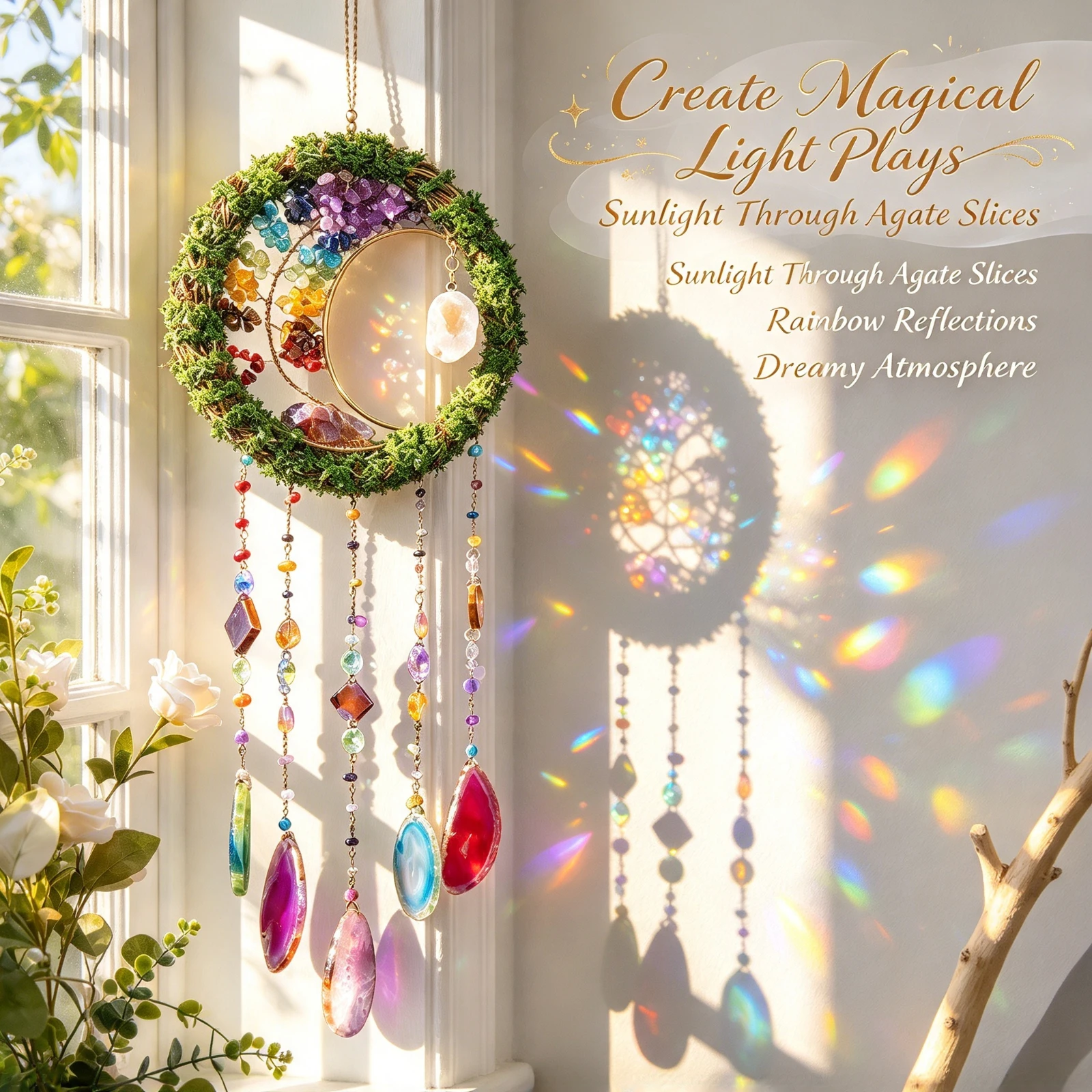 Crystal Stone Agate Slice Tree, of Life Dreamcatcher Wind Chimes, Artificial Moss Ring Hanging Ornament, Home Room Wall Decor Gi