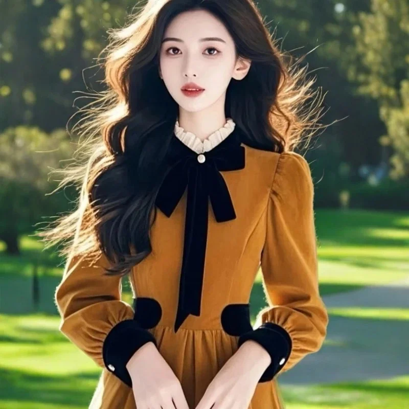2025 가을 겨울 신상 루즈핏 벨벳 고급 드레스 프랑스 귀족 기질 롱 스커트 키높이/키짧은 여성용