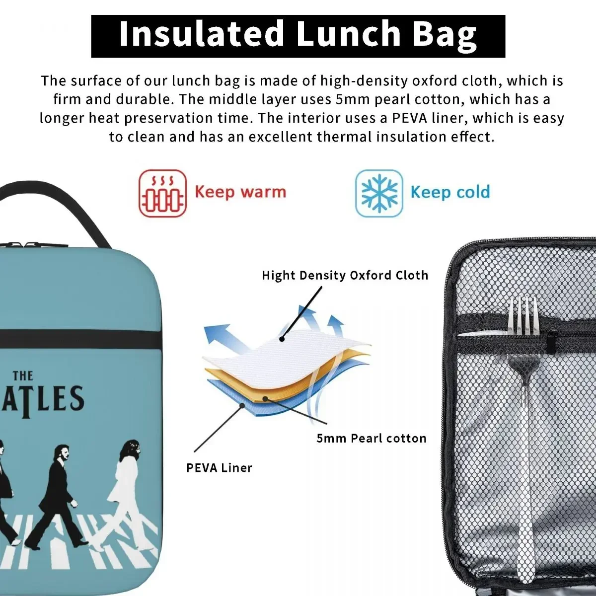 The Beatle Walking Road Merch Crew Insulated Lunch Bags Portable Picnic Bags Thermal Lunch Tote for Woman Work Children School