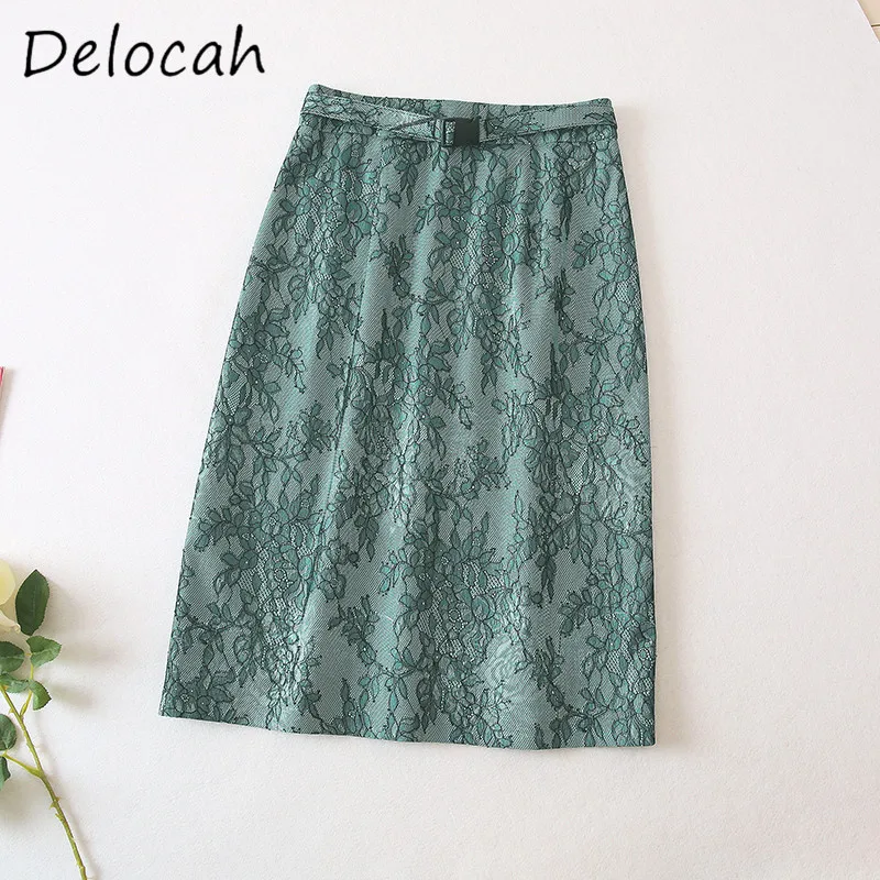 Deloach Spring/Summer New Women's High Collar Five Sleeve Knitted Top Medium Long Lace Composite Satin Small A-line Skirt Set