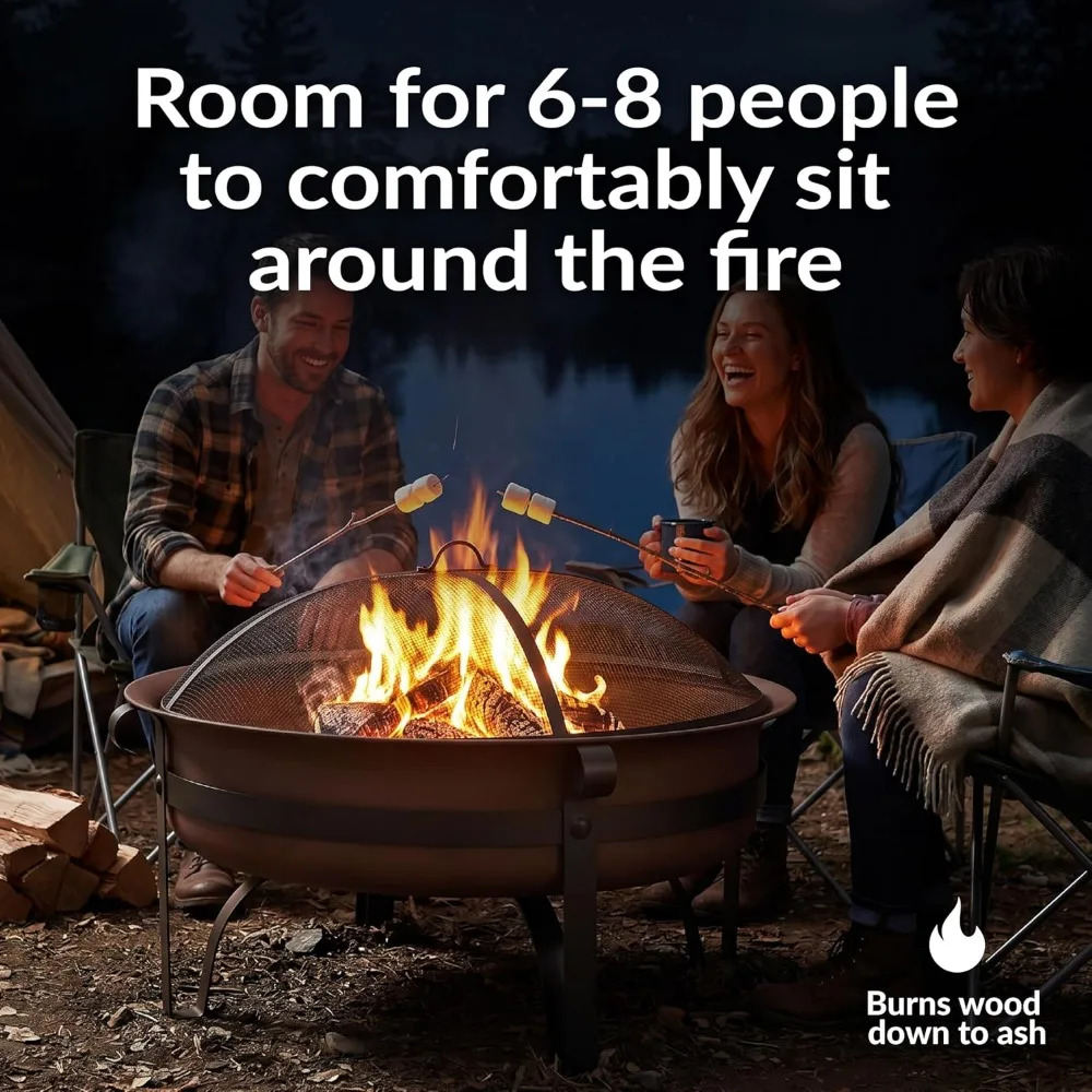 34 Inch Patio Fire Pit for Outside Wood Burning, Round Dark Bronze