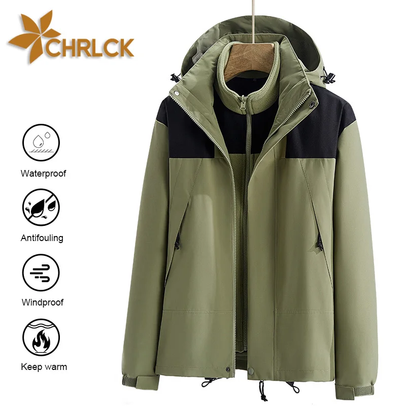 CHRLCK Men's 3 In 1 Thick Hiking Jacket Fleece Waterproof Winter Windbreaker Outdoor Warm Camping Jacket Men Windproof Coat