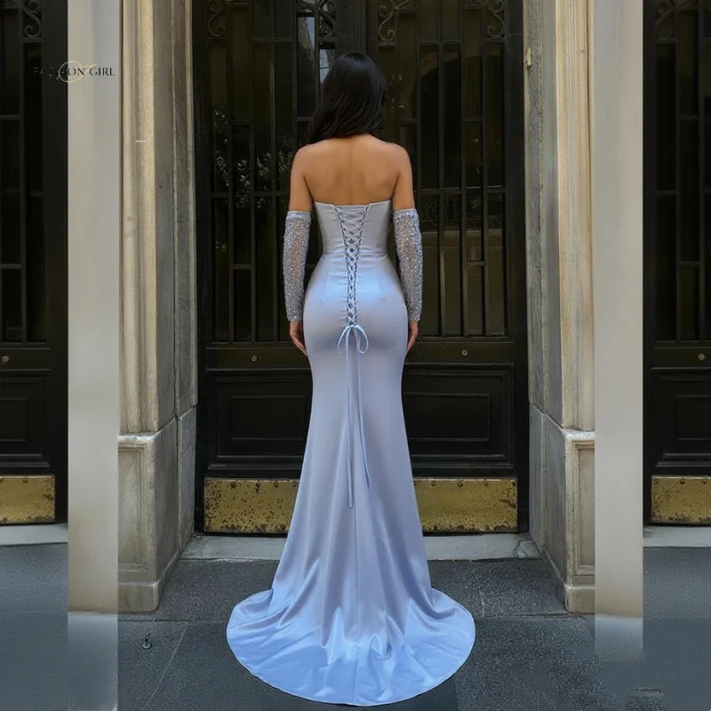 Vestido de noche sin tirantes azul elegante personalizado, corsé de malla con cuentas, vestido de sirena de satén plisado, vestido Formal de fiesta 2025