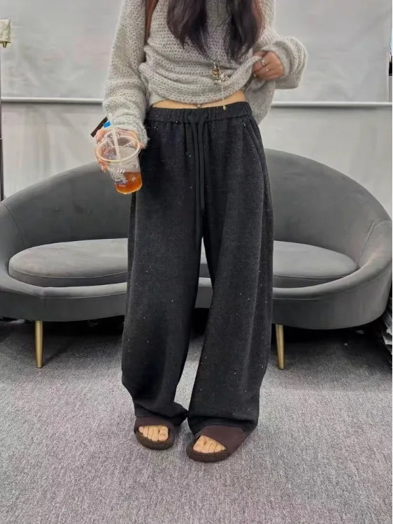 iny Fce Lined Wide Leg Floor Length Pants Casual Bright Sequin Autumn Winter Sle Comfortable Breathable Women's Trousers