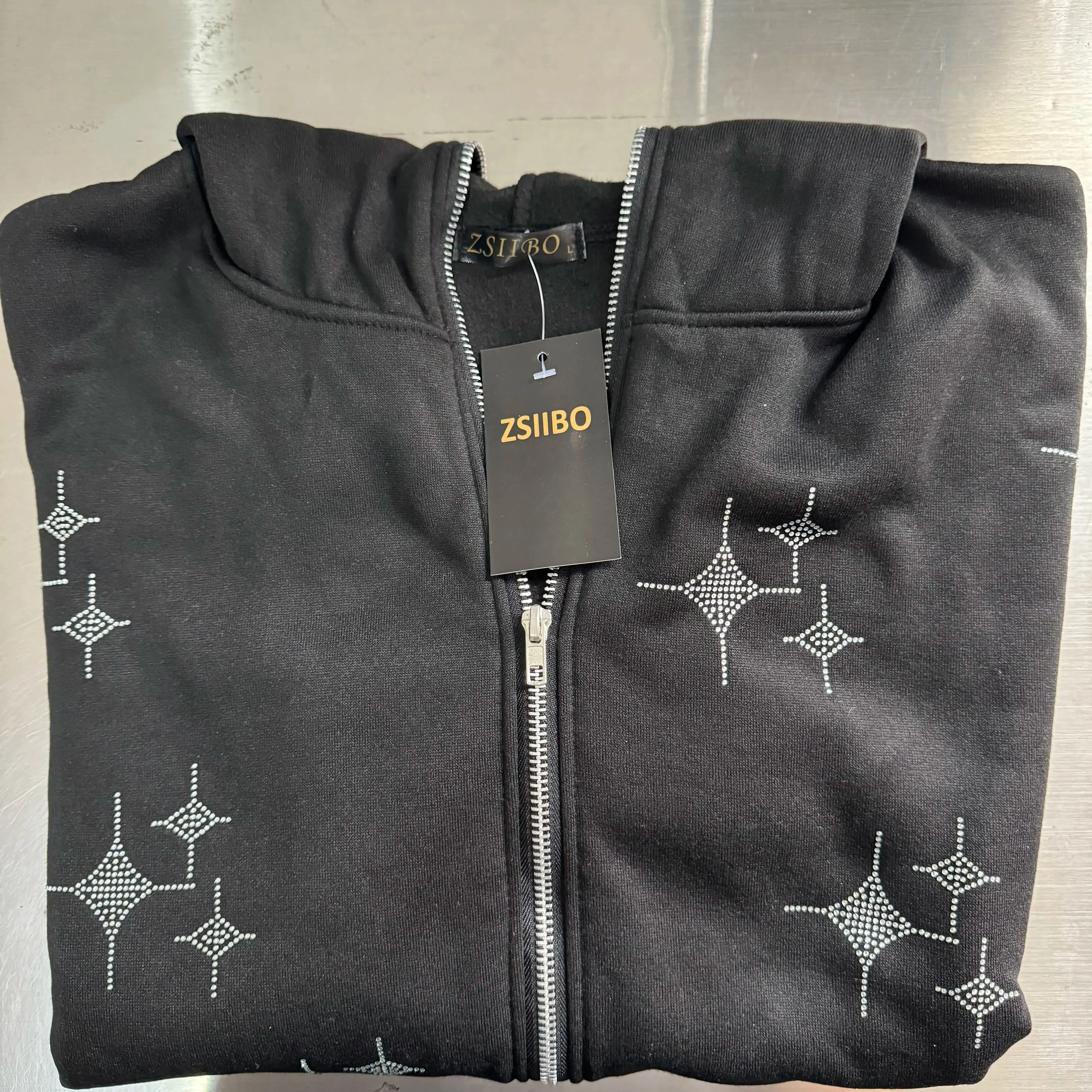 Zsiibo-Sudadera con capucha para mujer, abrigo de manga larga con cremallera, Estilo Vintage Punk, Harajuku, Grunge, Y2K, con diamantes de imitación