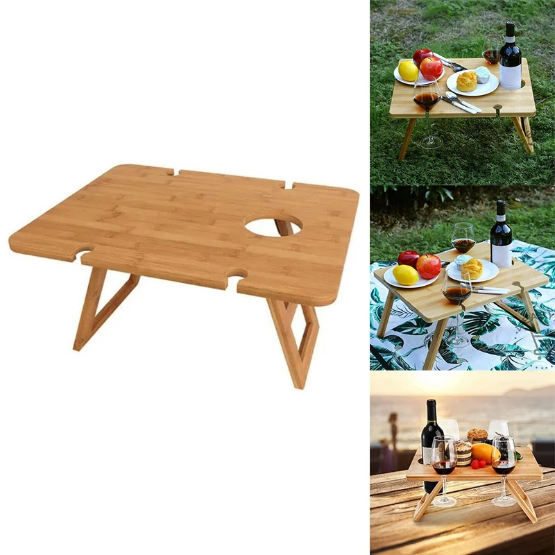 Outdoor Wine Picnic Table Foldable Portable Wooden Table Camping Snack Table Can Hold Wine Glasses And Bottles 34X30cm