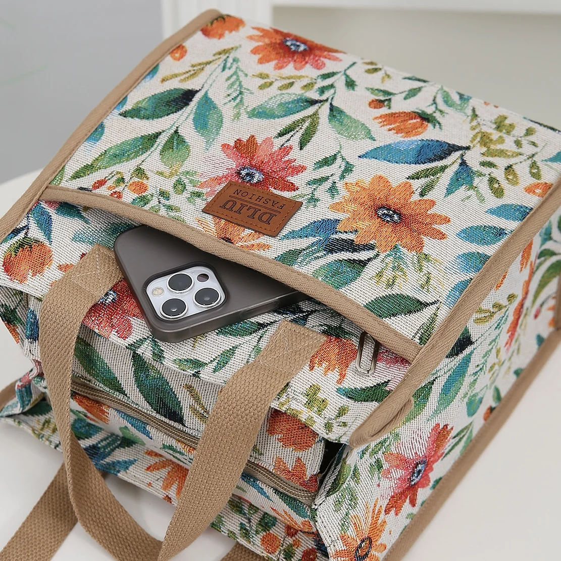 New Thick Knitted Floral Fabric Tote Bag, Lunch Bag, Bento Bag, Large Capacity Portable Storage Bag, Handbag