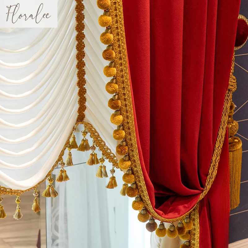 Custom Size European Luxury Valance Red Velvet Curtains for Living Room Bedroom Dining Window Lace Tulle Decor Wedding Elegant