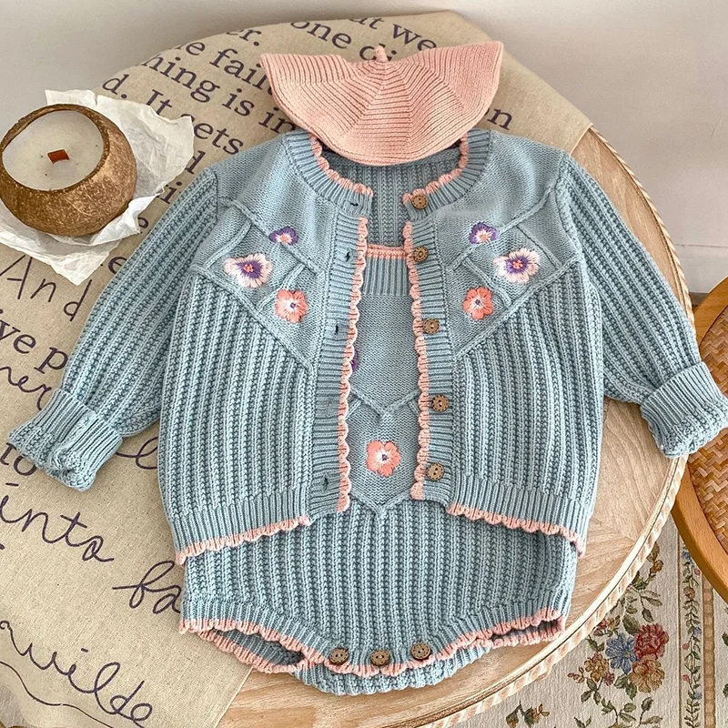 2024 New Spring Infant Baby Girls Knitted Clothing Set Long Sleeved Knitted Cardigan+Jumpsuit Children Knitted Clothes Suit