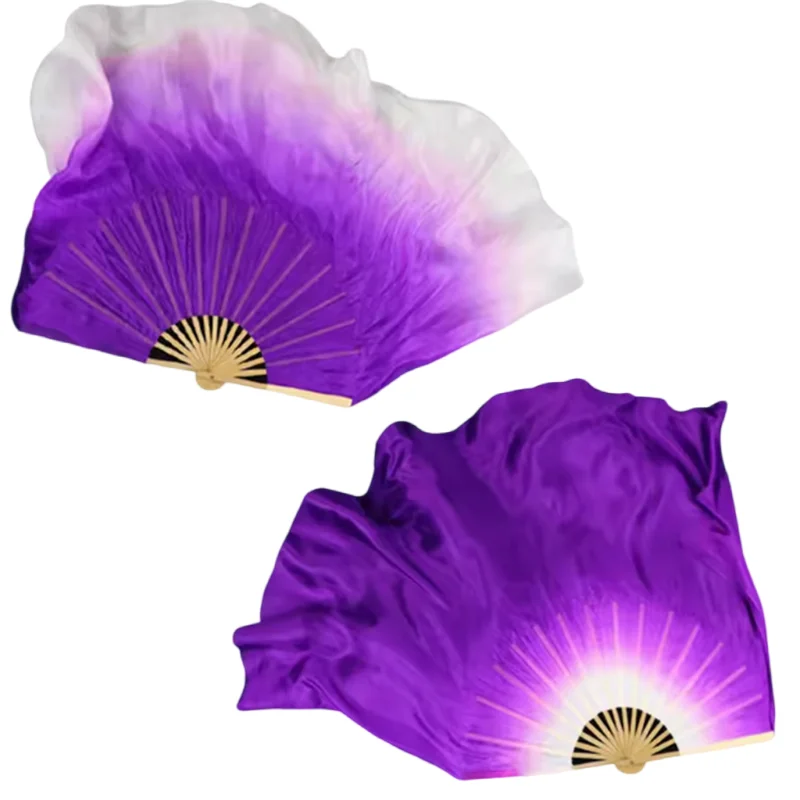 Purple White Gradient Belly Dance Silk Veils 1 Pair Real Silk Bamboo Dance Fan Dual Side Extra Long Machine Rolled Flowy Light